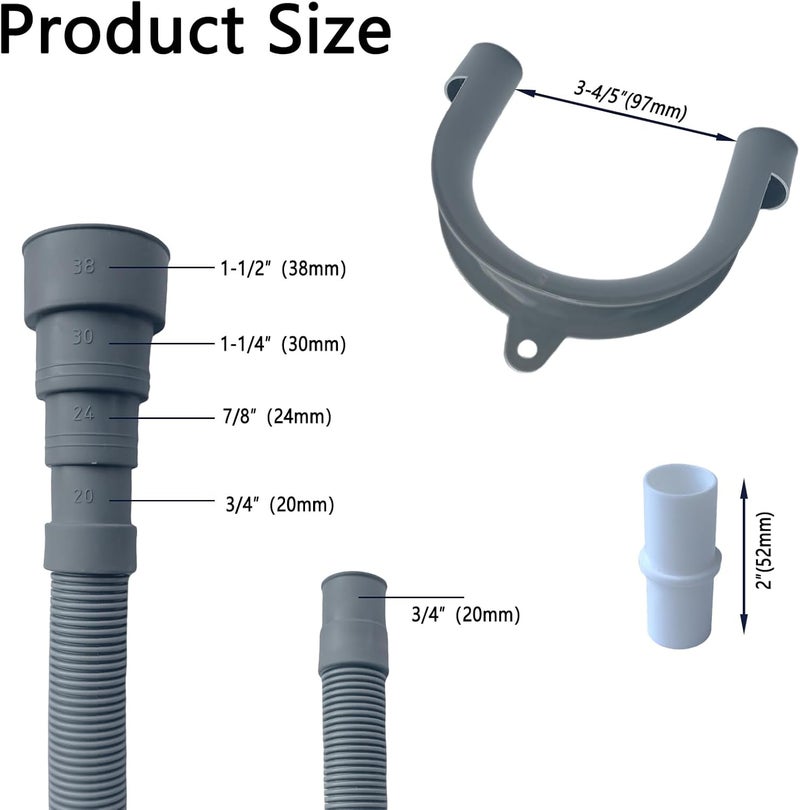 MengMain خرطوم تصريف غسالة، مجموعة تمديد خرطوم تصريف مرنة عالمية لغسالات LG/GE/Samsung، غسالة صحون، مع 1 محول تمديد، 4 مشابك، 1 حامل على شكل U (13 قدم) - Image 3
